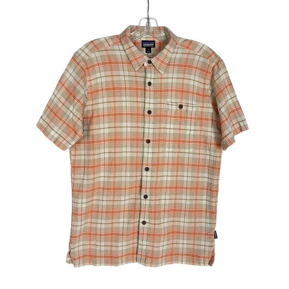 Patagonia Organic Cotton Shirt Mens Peachy‎ Orange Beige Plaid Short Sleeve M